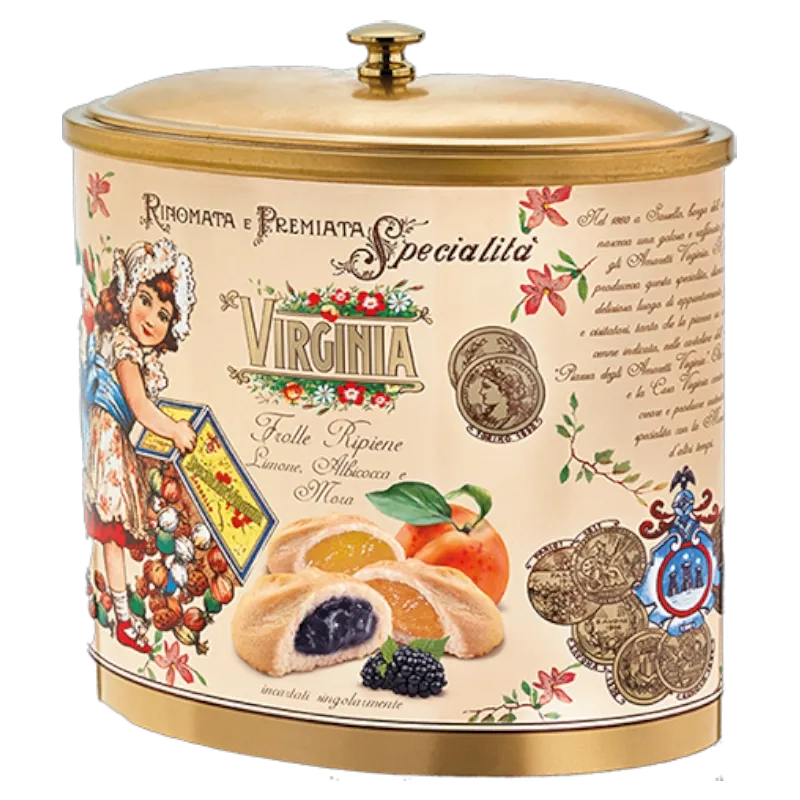 Blikken doos met Met citroen, abrikoos en bramen gevulde shortbreadkoekjes 200gr