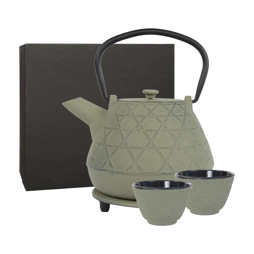 Giftbox Theepot + 2 kopjes Hewi 1 Liter grijsgroen