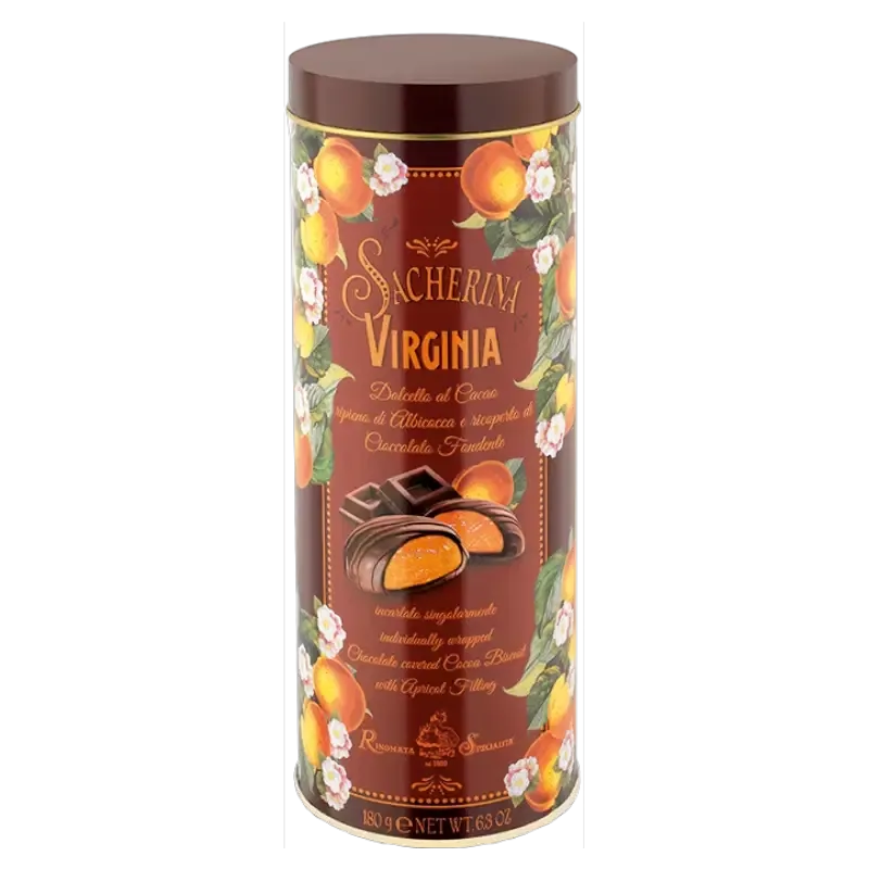 Metal box filled with apricot and covered with chocolate 180g