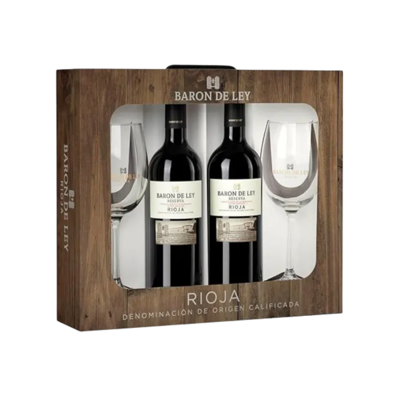 Chest: 2 x 75cl Baron De Ley Reserva Tinto - Rioja - Spain + 2 Glasses