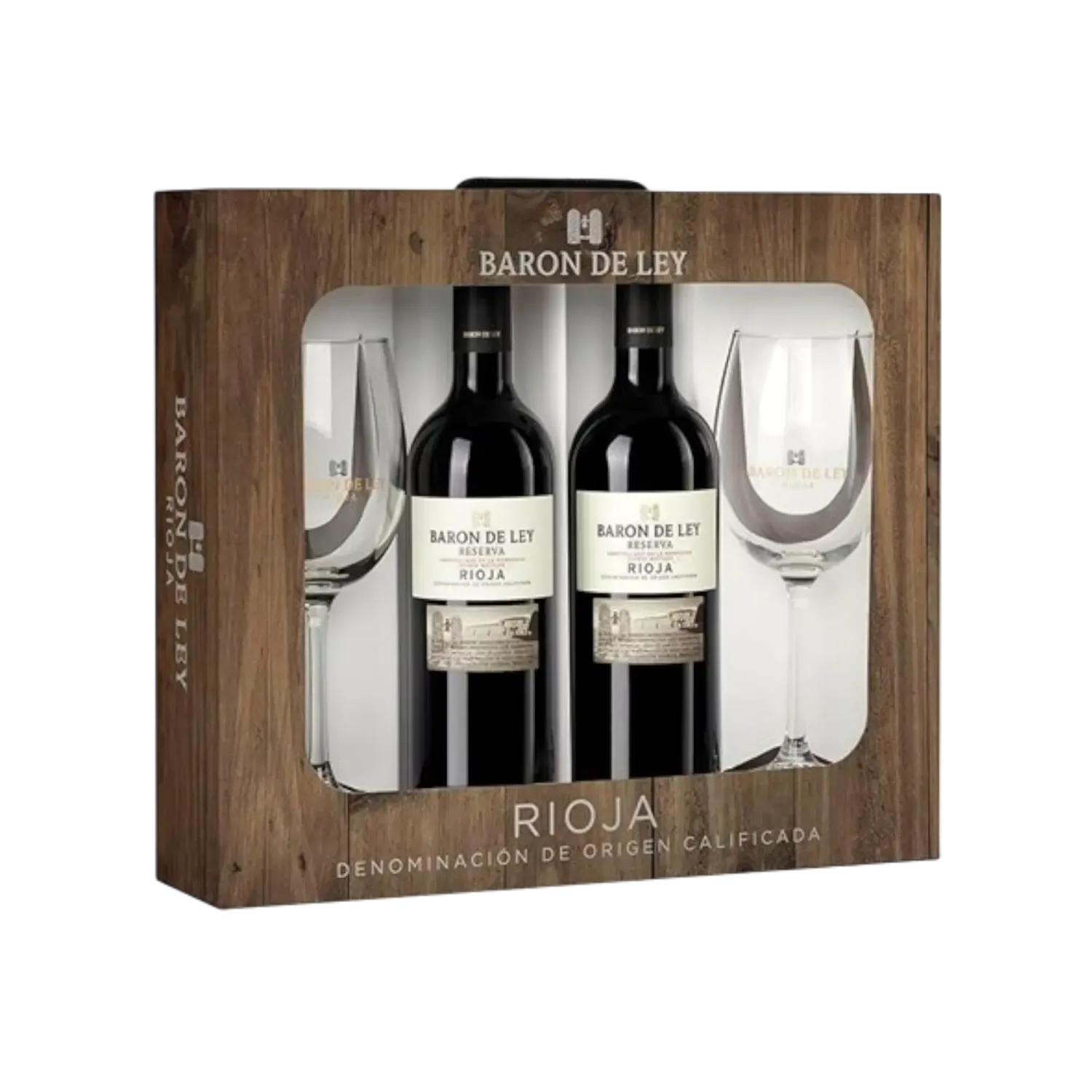 Chest: 2 x 75cl Baron De Ley Reserva Tinto - Rioja - Spain + 2 Glasses