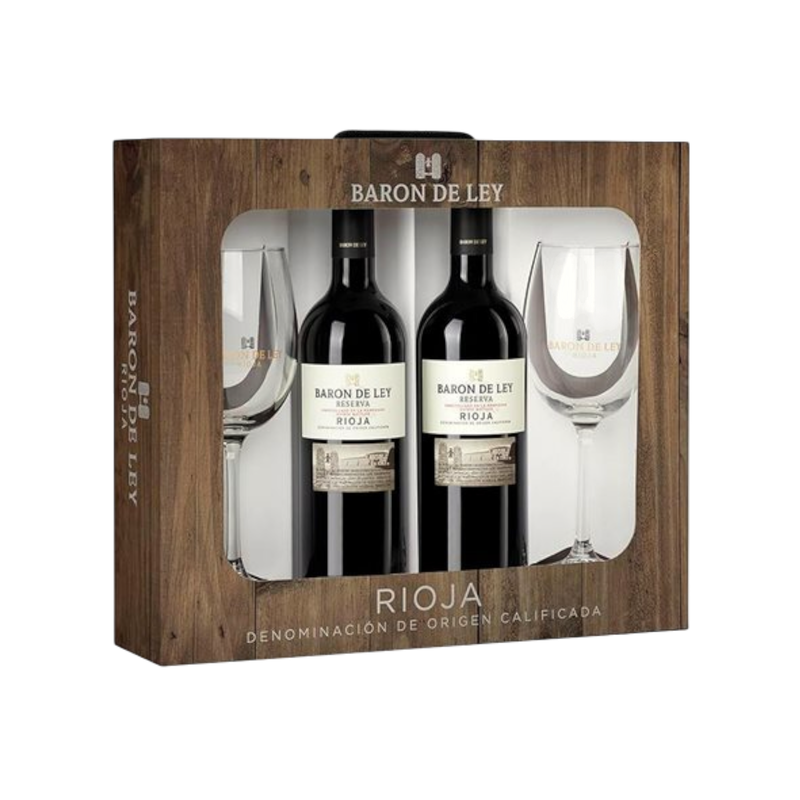 Kiste: 2 x 75cl Baron De Ley Reserva Tinto - Rioja - Spanien + 2 Gläser