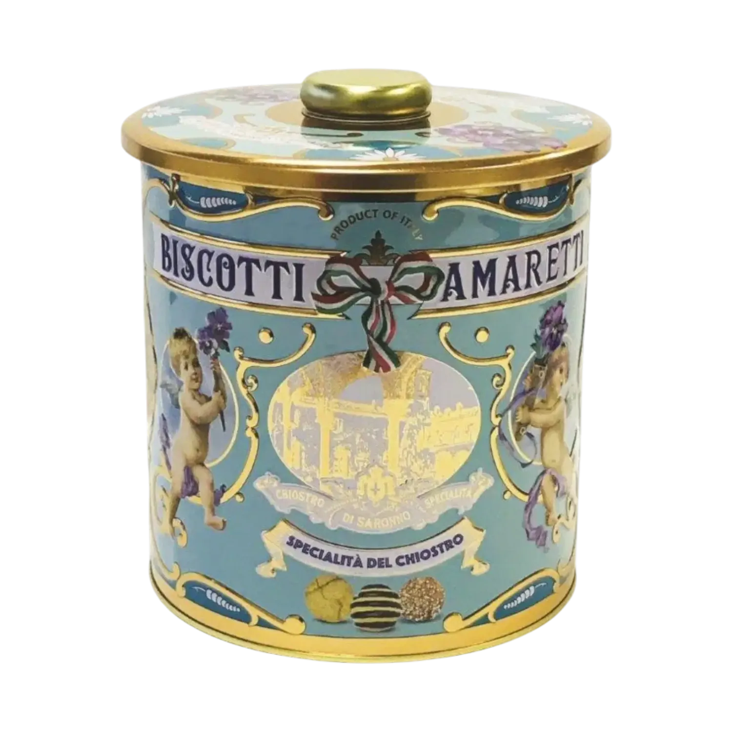 Amaretti Crunchy Round Tin 150g