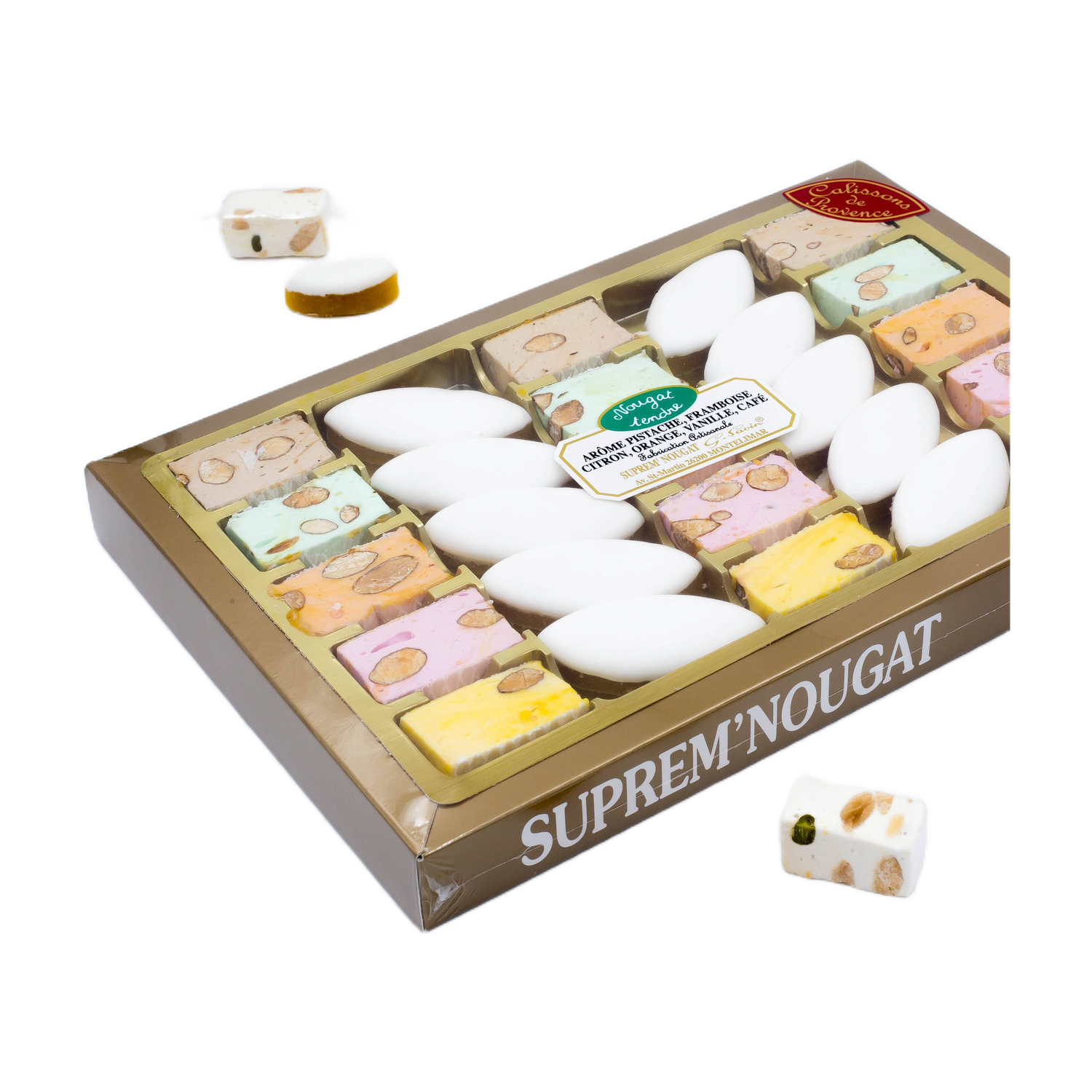 Transparent box - 15 soft nougats with 5 flavors and 10 calissons
