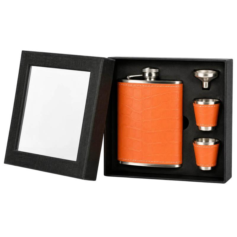 Heupfles oranje cognac + toebehoren