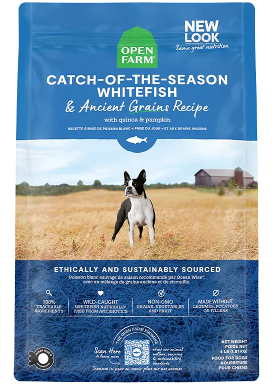 OPEN FARM CATCH-OF-THE-SEASON WHITEFISH &amp; ANCIENT GRAINS DRY DOG FOOD 22LBS