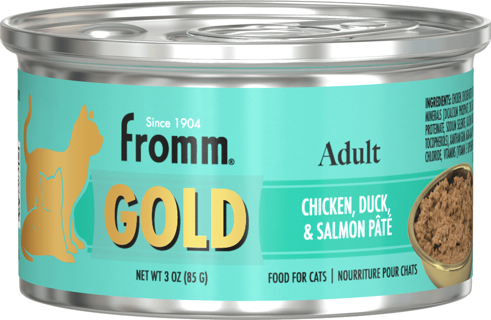 FROMM GOLD ADULT CHICKEN, DUCK,AND SALMON PATE CAT FOOD CASE OF 12/3OZ
