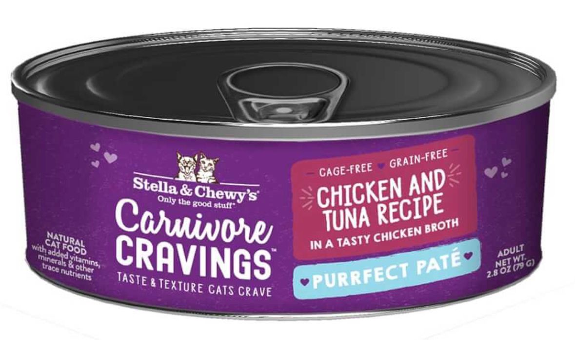 STELLA  &amp; CHEWYS CARNIVORE CRAVINGS PURRFECT PATE CHICKEN &amp; TUNA RECIPE CAT FOOD CASE OF 12/2.8OZ