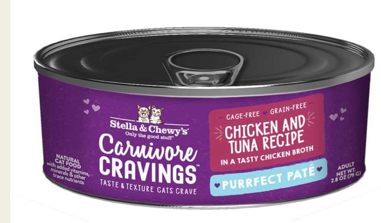 STELLA &amp; CHEWYS CARNIVORE CRAVINGS PURRFECT PATE CHICKEN &amp; TUNA RECIPE CAT FOOD CASE OF 8/5.2OZ