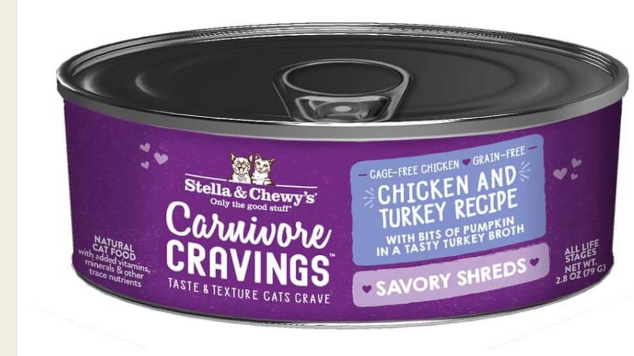 *STELLA &amp; CHEWYS CARNIVORE CRAVINGS SAVORY SHREDS CHICKEN &amp; TURKEY RECIPE CAT FOOD 2.8OZ