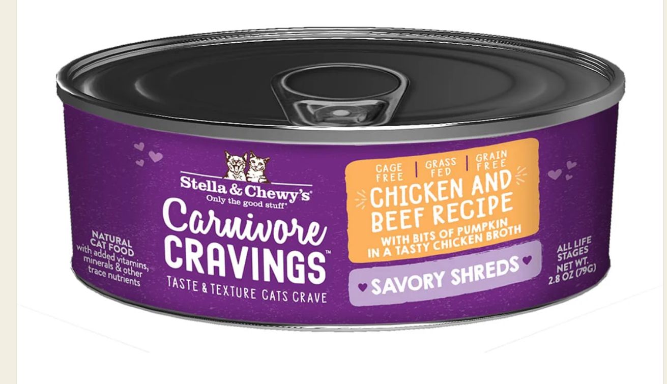 STELLA &amp; CHEWYS CARNIVORE CRAVINGS SAVORY SHREDS CHICKEN &amp; BEEF RECIPE CAT FOOD 2.8OZ