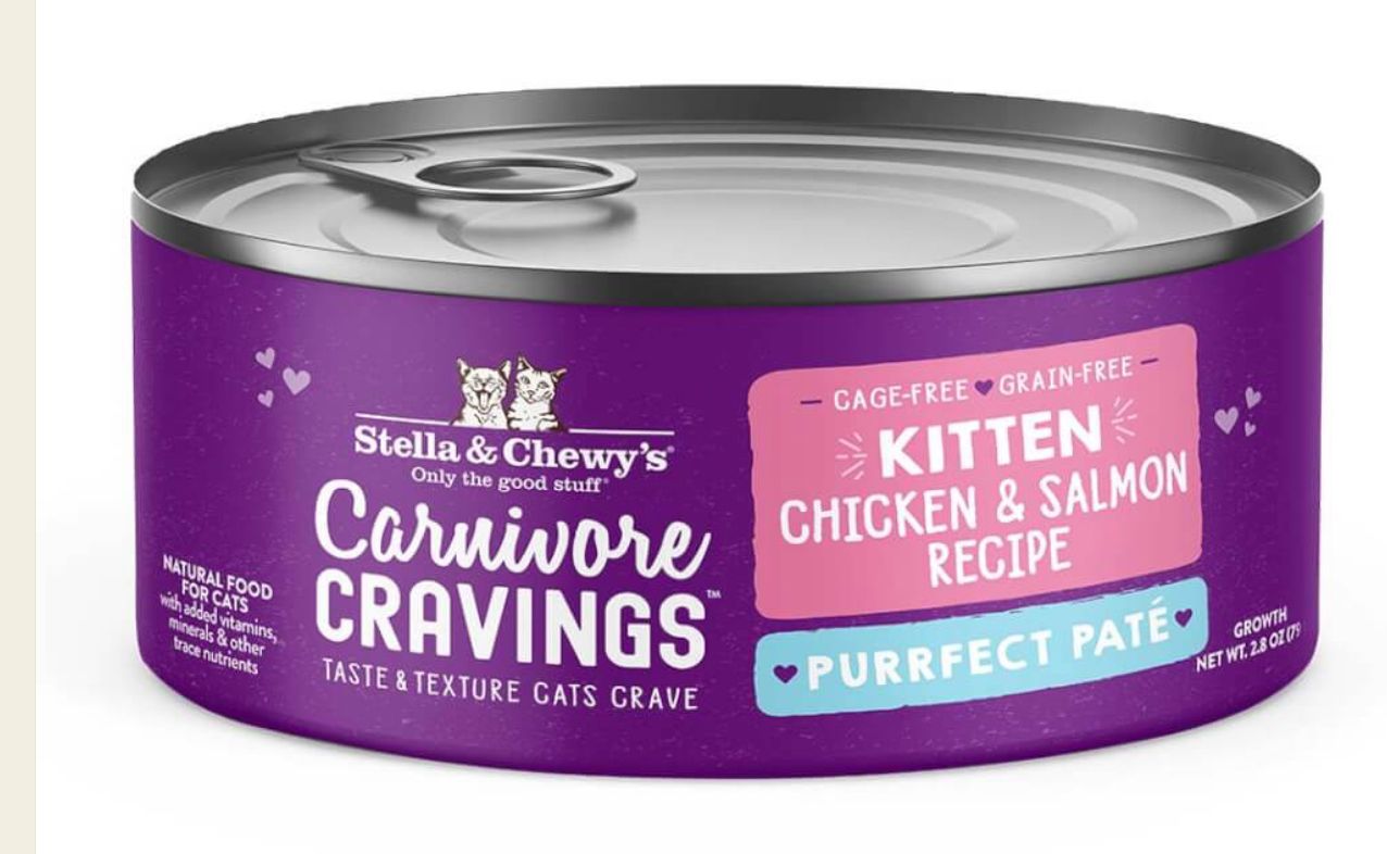 STELLA &amp; CHEWYS CARNIVORE CRAVINGS PURRFECT PATE KITTEN CHICKEN &amp; SALMON RECIPE CAT FOOD CASE OF 8/5.2OZ
