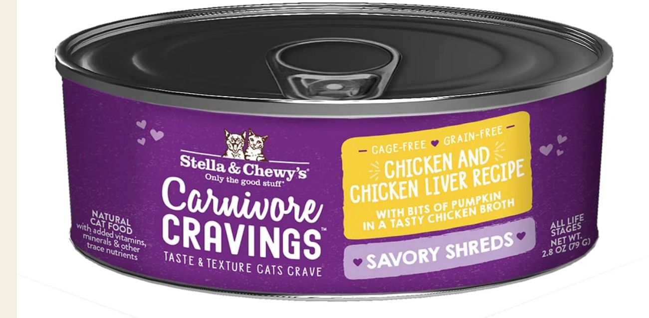 STELLA &amp; CHEWYS CARNIVORE CRAVINGS SAVORY SHREDS CHICKEN &amp; CHICKEN LIVER RECIPE CAT FOOD 2.8OZ
