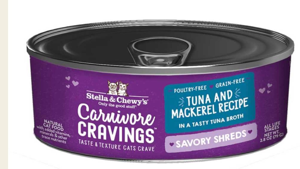 STELLA &amp; CHEWYS CARNIVORE CRAVINGS SAVORY SHREDS TUNA &amp; MACKEREL RECIPE CAT FOOD CASE OF 8 /5.2OZ