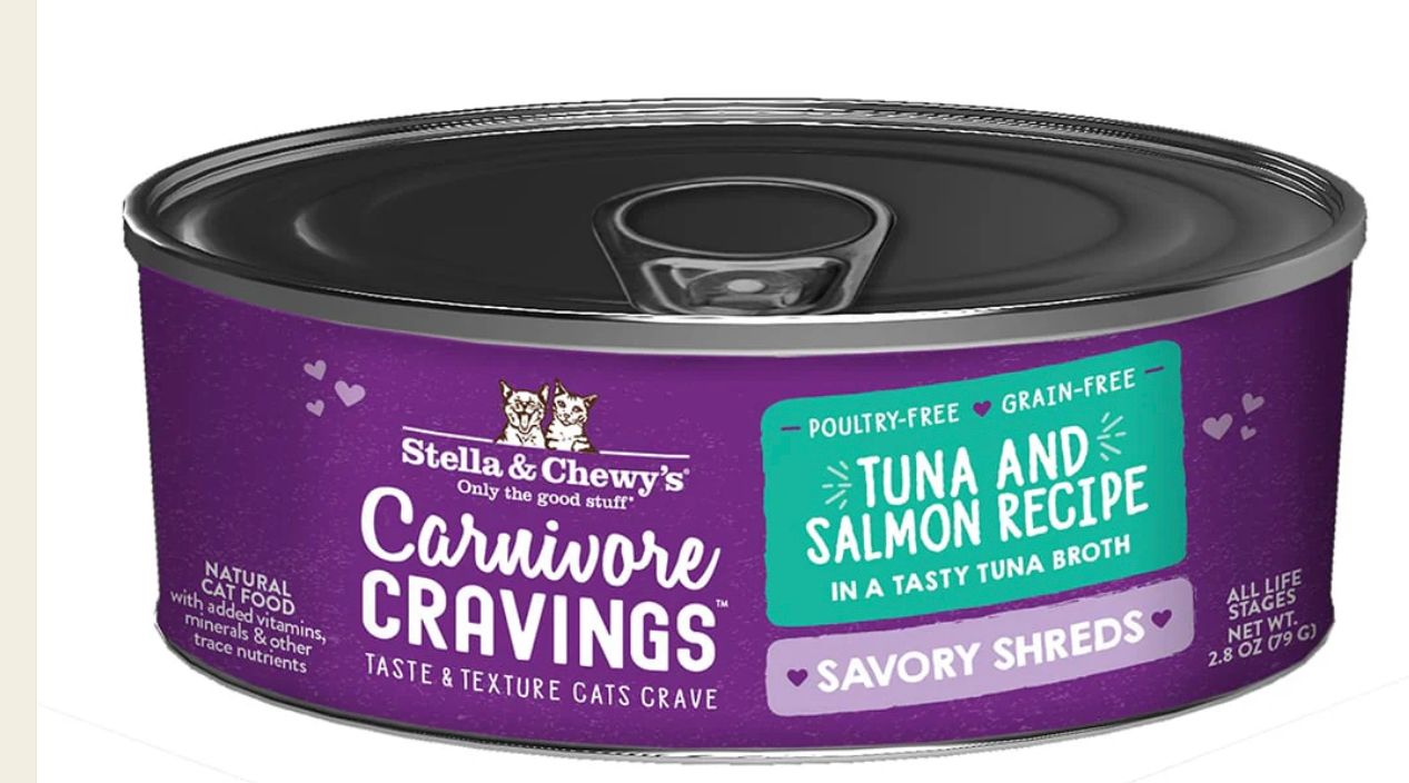 STELLA &amp; CHEWYS CARNIVORE CRAVINGS SAVORY SHREDS TUNA &amp; SALMON RECIPE CAT FOOD 5.2OZ