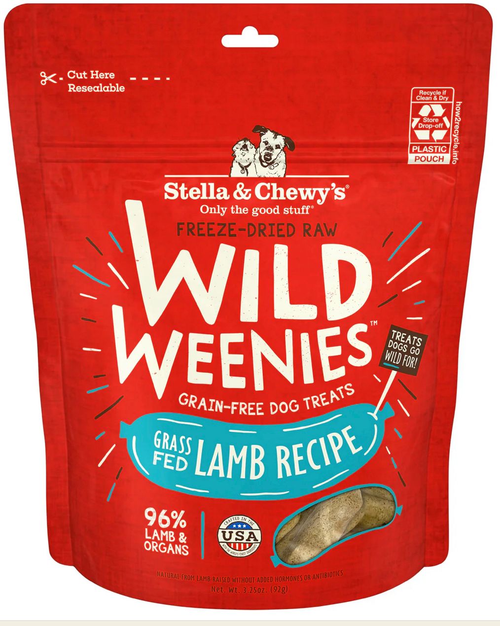 STELLA &amp; CHEWYS GRASS-FED LAMB WILD WEENIES DOG TREAT 3.25OZ
