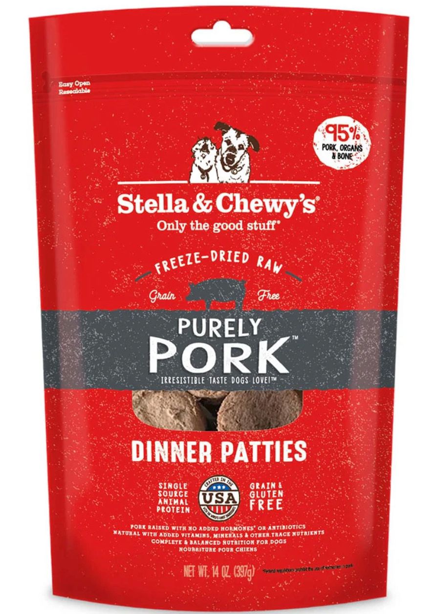 STELLA &amp; CHEWYS PURELY PORK FREEZE-DRIED RAW DINNER PATTIES DOG FOOD 14OZ