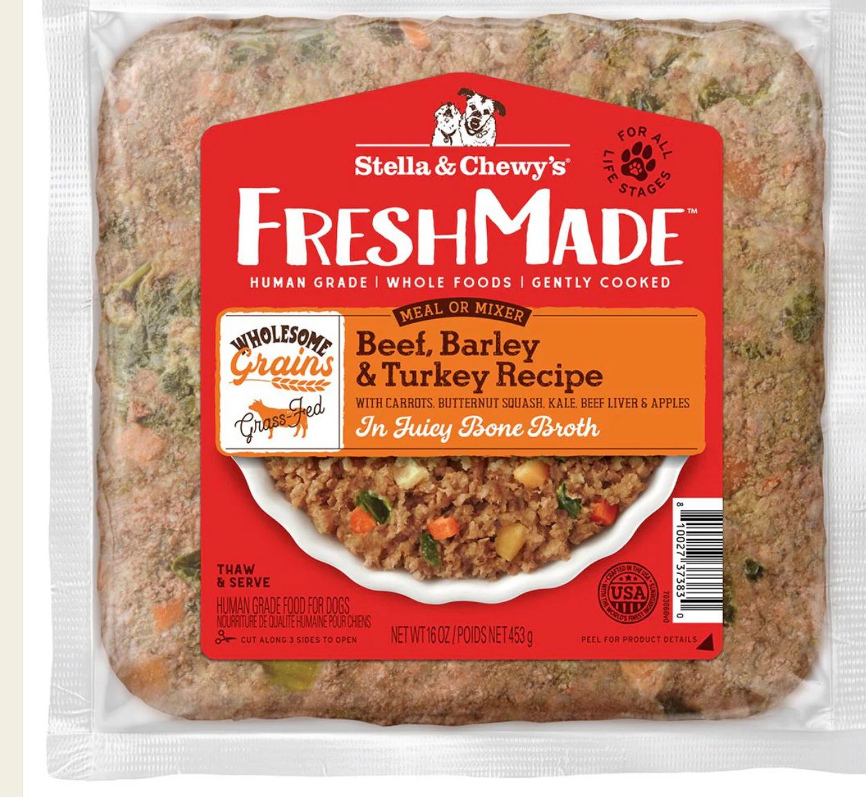 STELLA &amp; CHEWYS FRESHMADE WHOLESOME GRAINS BEEF, BARLEY &amp; TURKEY DOD FOOD 16OZ