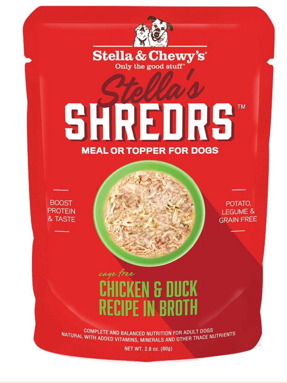 *STELLA &amp; CHEWYS STELLAS SHREDRS CAGE FREE CHICKEN &amp; DUCK RECIPE IN BROTH DOG FOOD 2.8OZ
