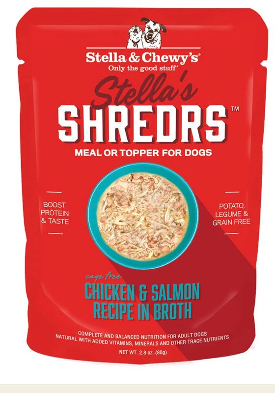 STELLA &amp; CHEWYS STELLAS SHREDRS CAGE FREE CHICKEN &amp; SALMON RECIPE IN BROTH DOG FOOD 2.8OZ