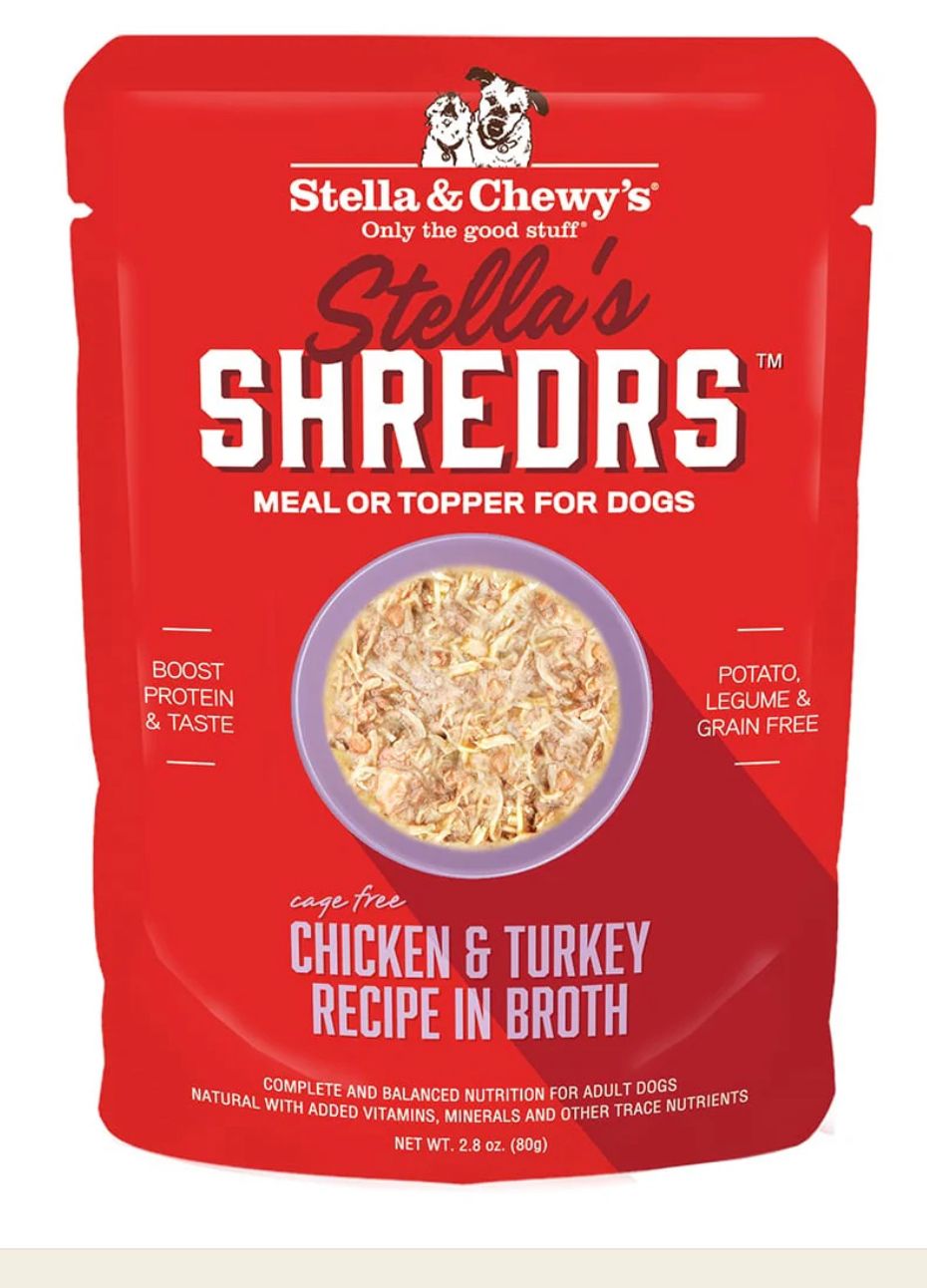 *STELLA &amp; CHEWYS STELLAS SHREDRS CAGE FREE CHICKEN &amp; TURKEY RECIPE IN BROTH DOG FOOD 2.8OZ
