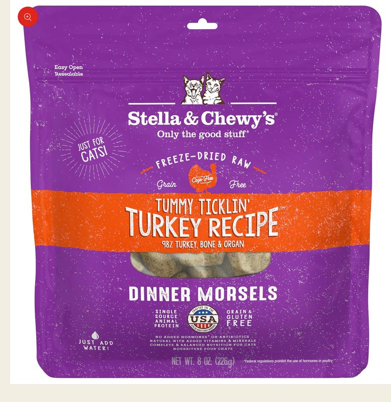 STELLA &amp; CHEWYS TUMMY TICKLIN TURKEY FREEZE-DRIED RAW DINNER MORSELS  CAT FOOD 8OZ