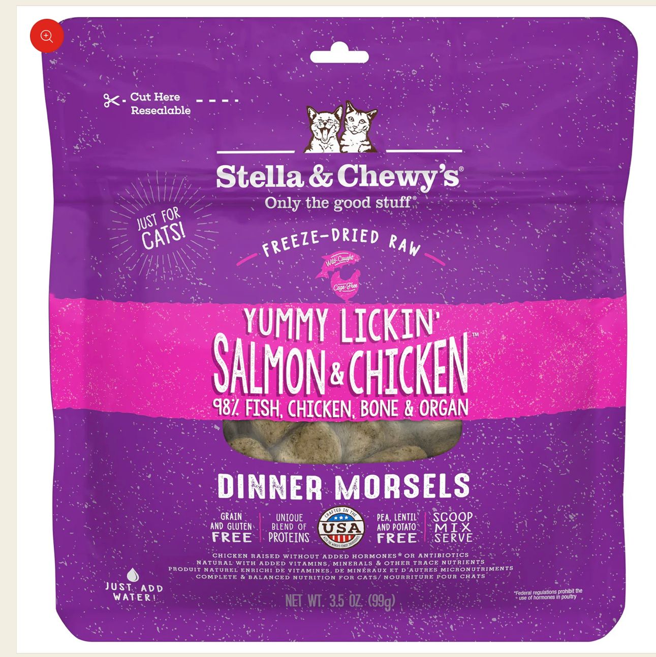 STELLA &amp; CHEWYS YUMMY LICKIN SALMON &amp; CHICKEN FREEZE-DRIED RAW DINNER MORSELS CAT FOOD 18OZ