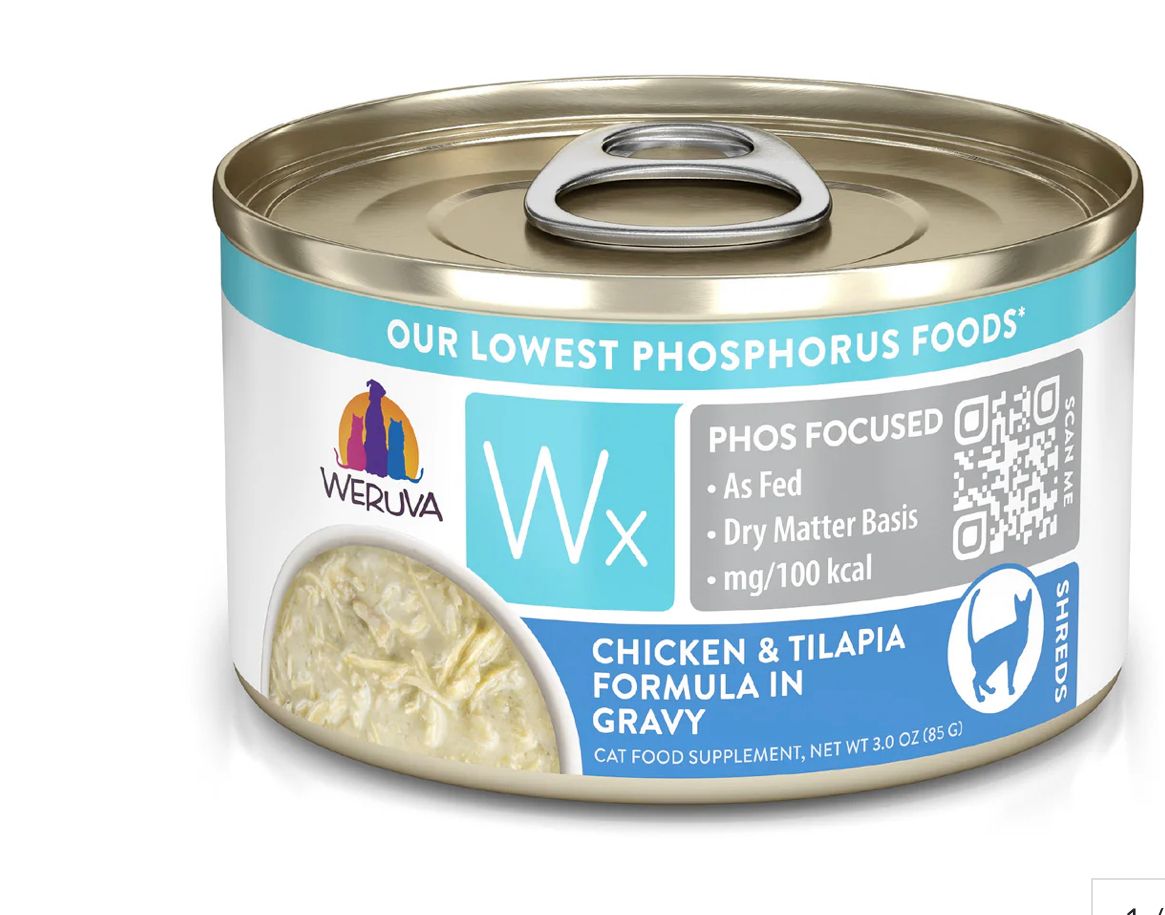 WERUVA WX PHOS FOCUSED CHICKEN &amp; TILAPIA FORMULA IN GRAVY CAT FOOD CASE OF 12/3.0OZ