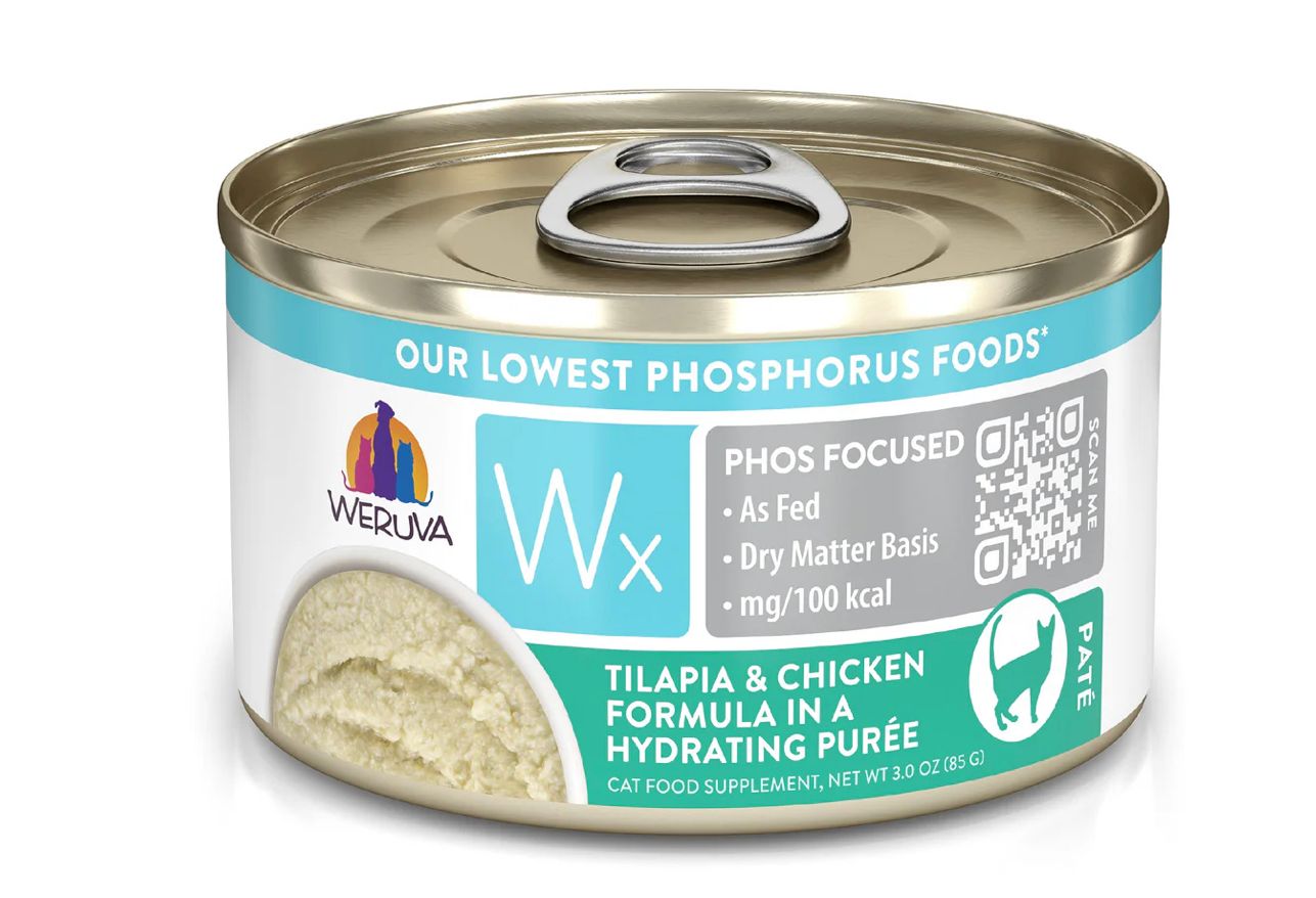WERUVA WX PHOS FOCUSED TILAPIA &amp; CHICKEN IN HYDRATING PURÉE CAT FOOD CASE OF 12/3.0OZ