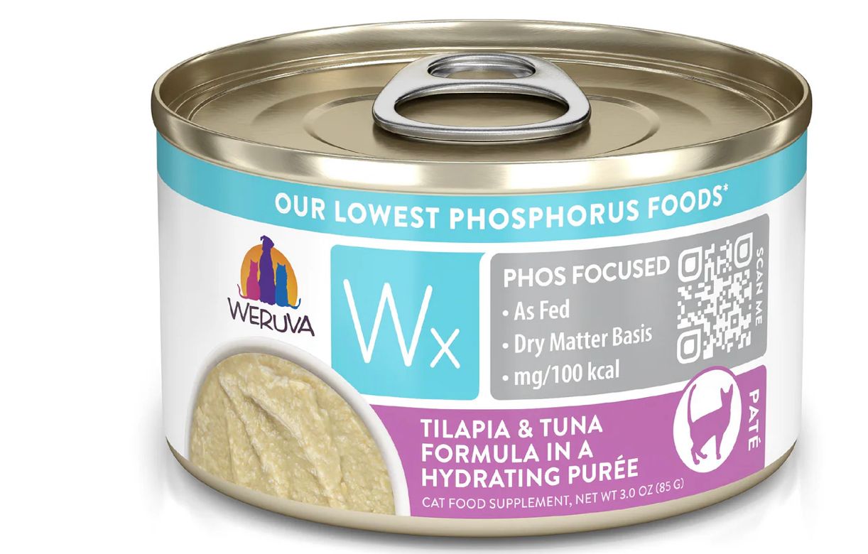 WERUVA WX PHOS FOCUSED TILAPIA &amp; TUNA IN A HYDRATING PURÉE CAT FOOD CASE OF 12/3.0OZ