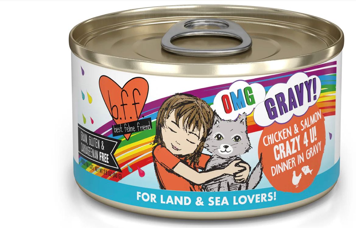 WERUVA BFF OMG CRAZY 4 U CHICKEN &amp; SALMON DINNER CAT FOOD CASE OF 12/2.8OZ
