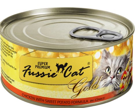FUSSIE CAT GOLD SUPER PREMIUM CHICKEN SWEET POTATO &amp; GRAVY CAT FOOD CASE OF 24/2.82OZ