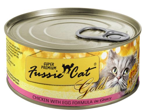 *FUSSIE CAT GOLD SUPER PREMIUM,CHICKEN EGG &amp; GRAVY CAT FOOD 2.82OZ