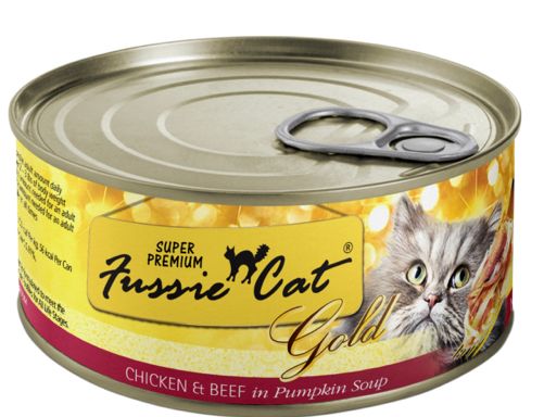 FUSSIE CAT GOLD SUPER PREMIUM CHICKEN BEEF &amp; PUMPKIN CAT FOOD 2.82OZ