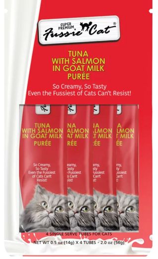 *FUSSIE CAT PREMIUM TUNA WITH SALMON IN GOAT MILK PUREE CAT TREAT 4CT