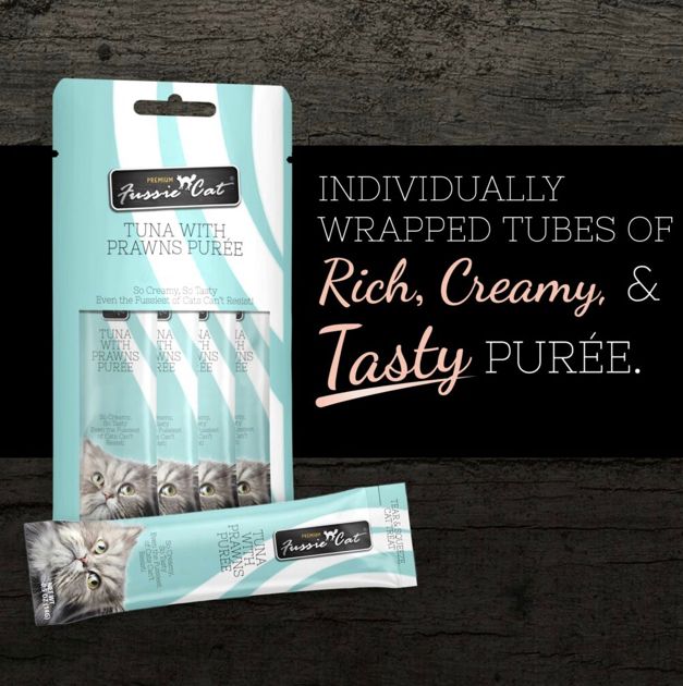 *FUSSIE CAT PURÉE TUNA &amp; PRAWN CAT TREAT 4CT