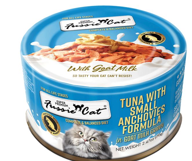 FUSSIE CAT TUNA &amp; SMALL ANCHOVIES IN GOAT MILK GRAVY CAT FOOD 2.470Z