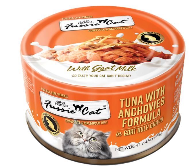 FUSSIE CAT TUNA WITH ANCHOVIES IN GOAT MILK CAT FOOD 2.47OZ