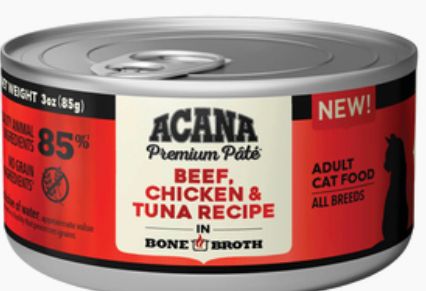 ACANA GRAIN FREE BEEF CHICKEN TUNA CAT FOOD CASE OF 24/3OZ