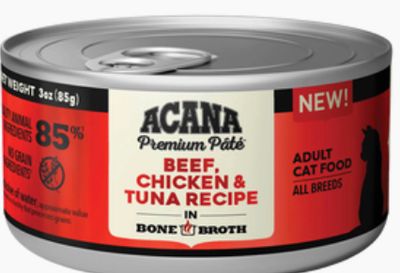 ACANA GRAIN FREE BEEF CHICKEN TUNA CAT FOOD CASE OF 24/3OZ
