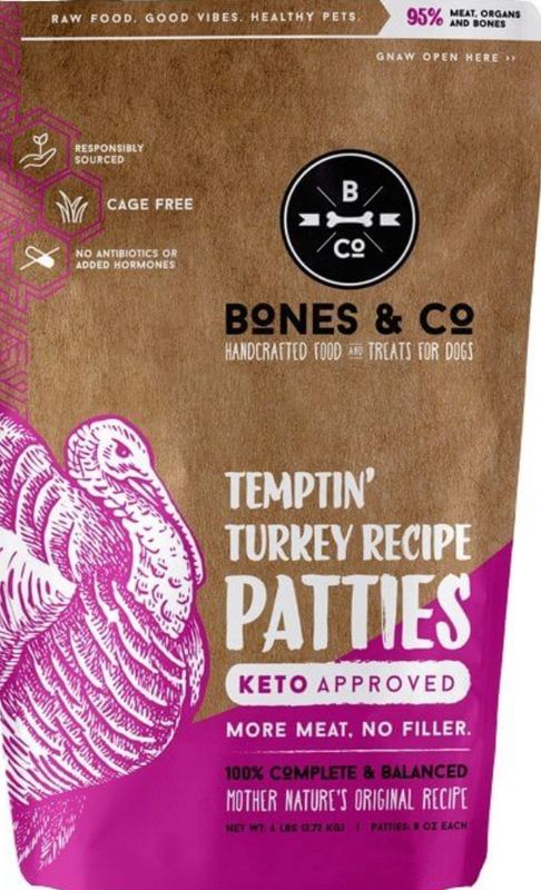 BONES &amp; CO FROZEN GRAIN FREE TURKEY PATTIES DOG FOOD 6LB