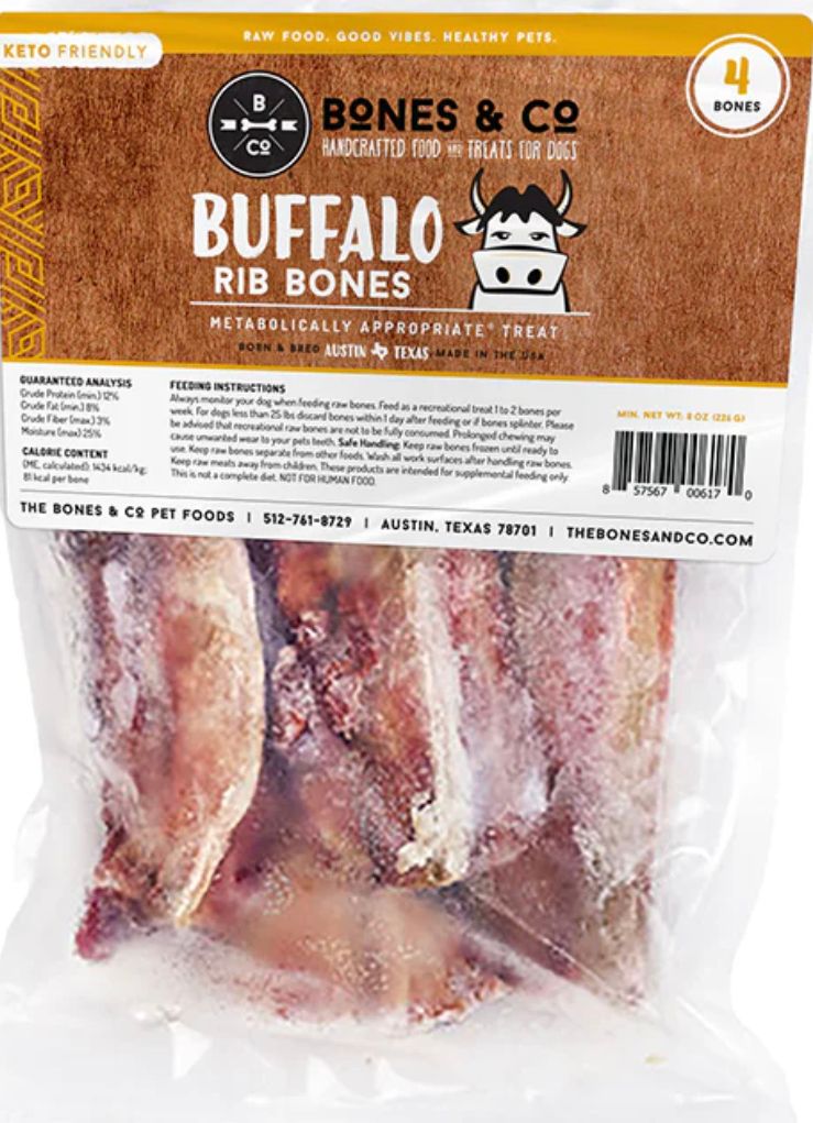 BONES &amp; CO FROZEN BUFFALO RIB BONES DOG TREAT 5INCH 4PACK