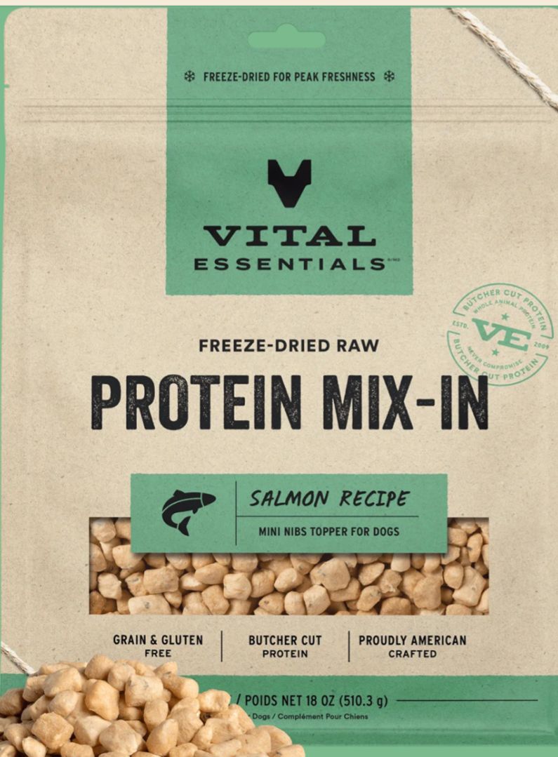 VITAL ESSENTIALS FREEZE -DRIED SALMON PROTEIN MIX-IN TOPPER FOR DOGS 18OZ