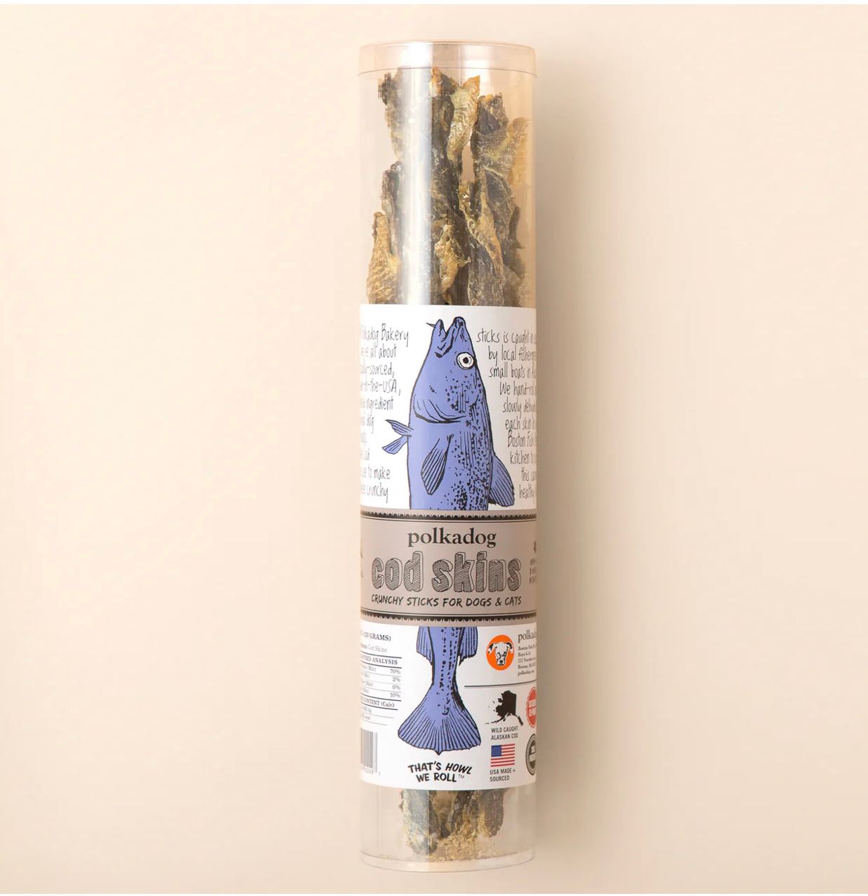 *POLKADOG COD SKIN JERKY DOG TREAT 4.7OZ TUBE
