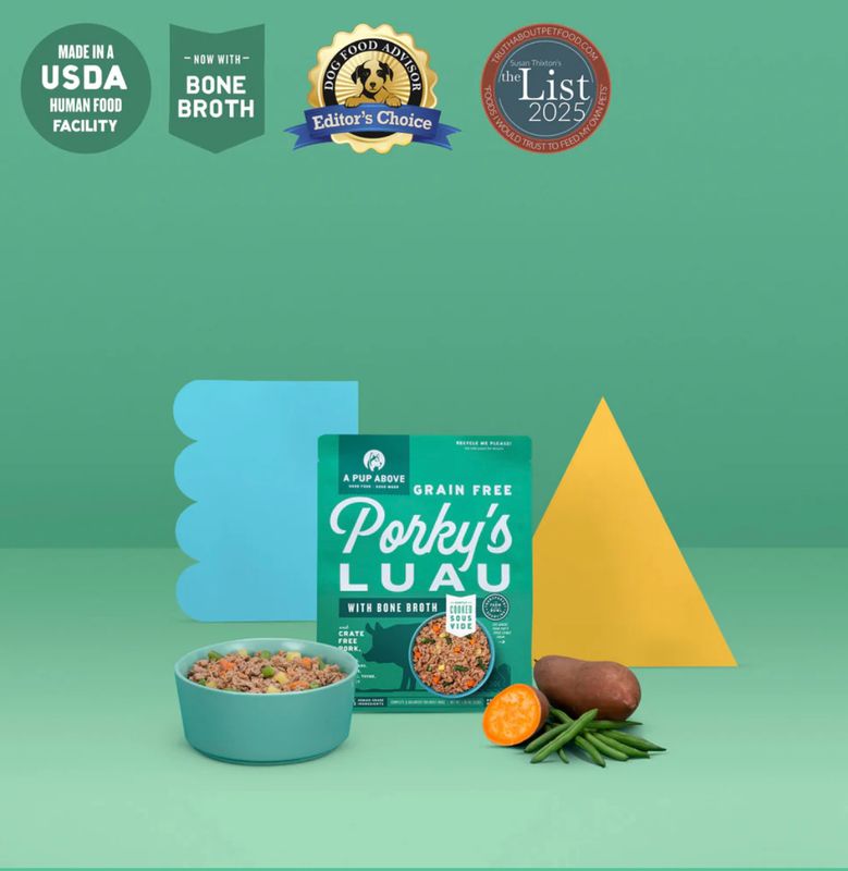 A PUP ABOVE FROZEN GRAIN FREE GENTLY COOKED PORKYS LUAU DOG FOOD 1LB