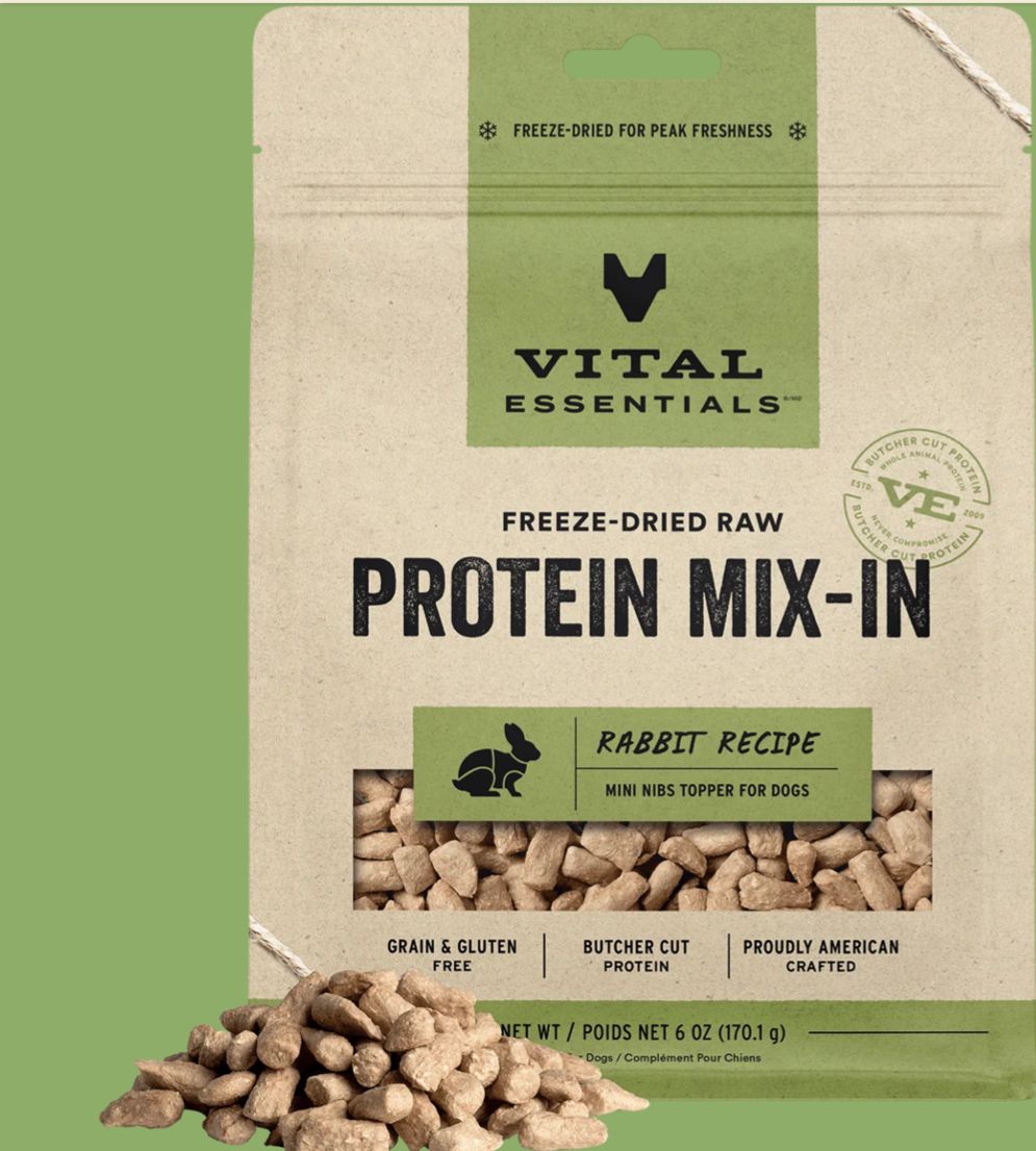 VITAL ESSENTIALS FREEZE- DRIED RABBIT PROTEIN MIX-IN TOPPER FOR DOGS 6OZ
