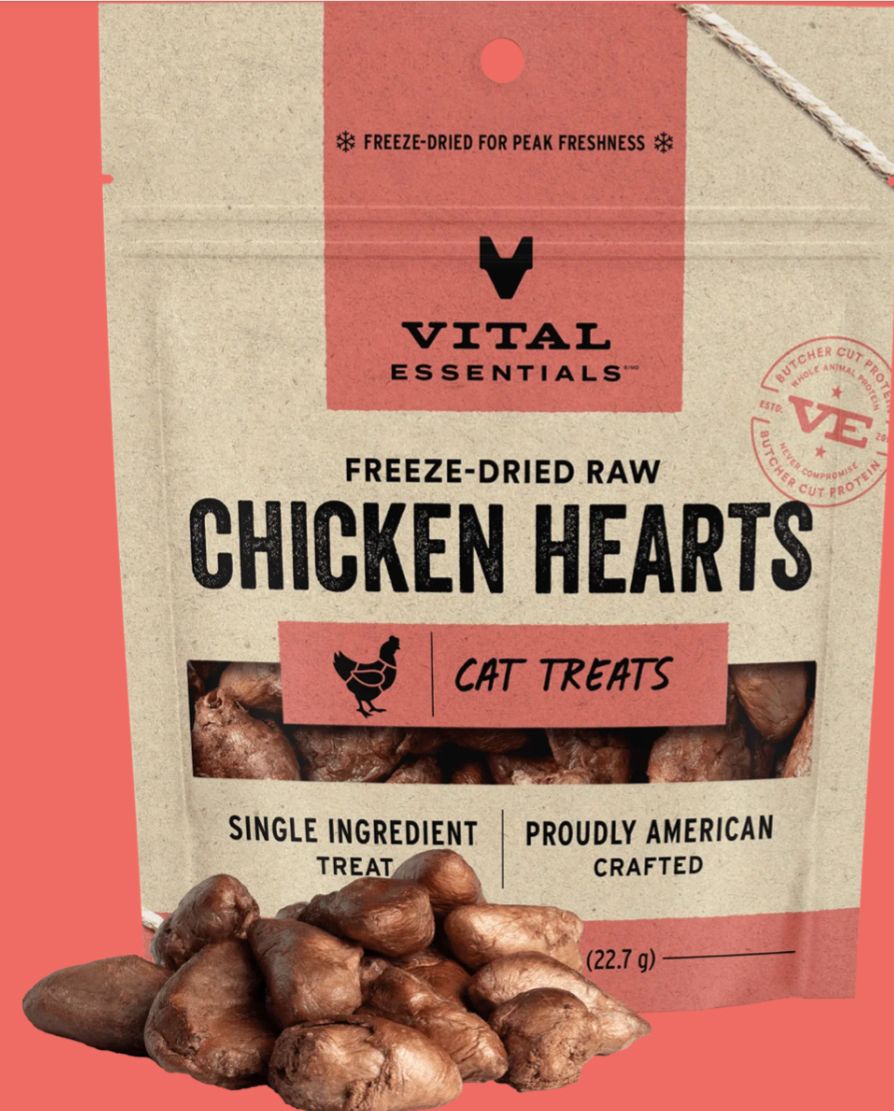 VITAL ESSENTIALS FREEZE-DRIED CHICKEN HEARTS CAT TREATS .8OZ