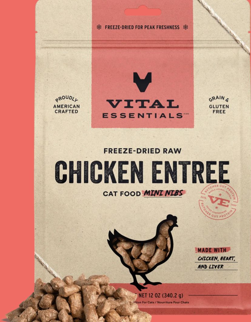 *VITAL ESSENTIALS FREEZE-DRIED MINI NIBS CHICKEN CAT FOOD 12OZ