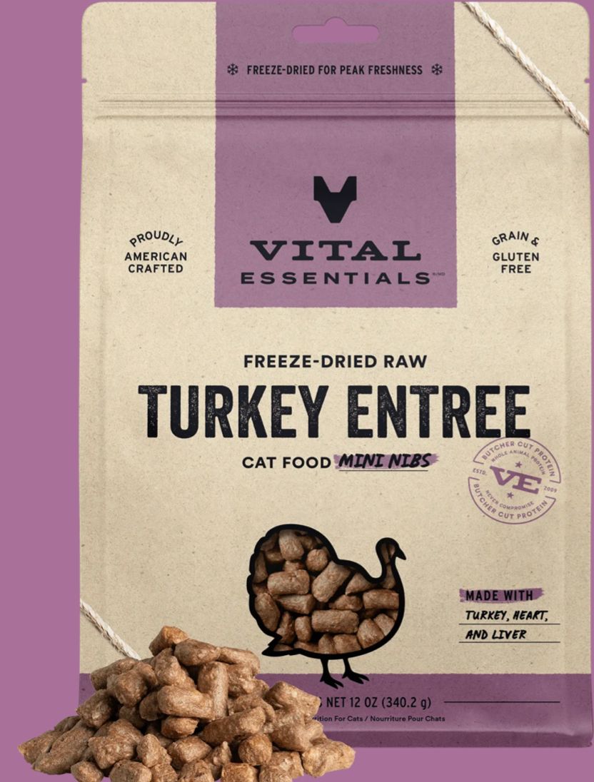 *VITAL ESSENTIALS FREEZE-DRIED MINI NIBS TURKEY CAT FOOD 12OZ