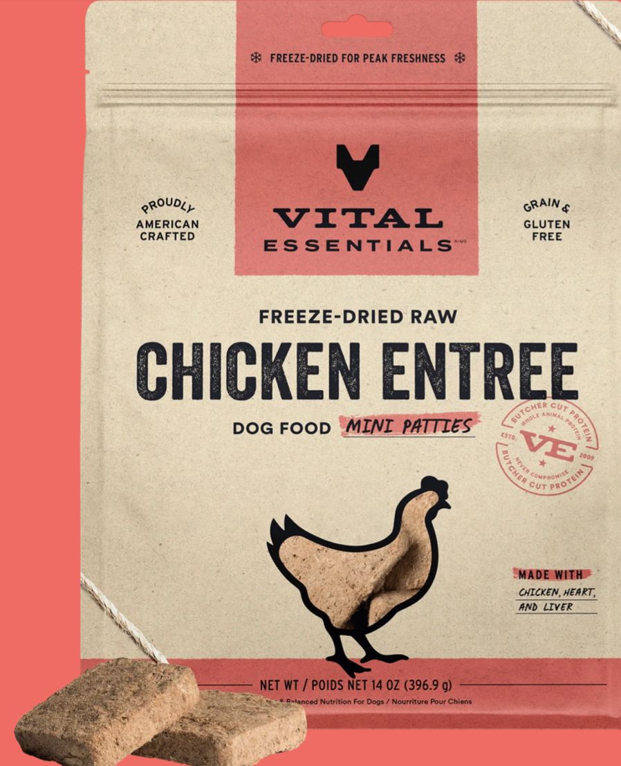 VITAL ESSENTIALS FREEZE-DRIED MINI PATTIES CHICKEN DOG FOOD 14OZ